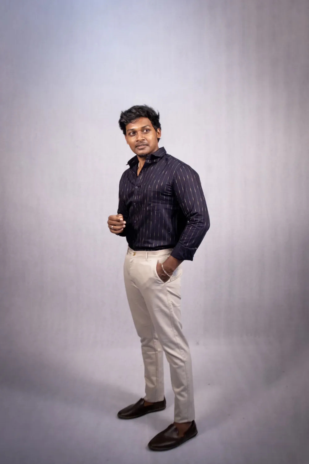 navy blue striped shirt